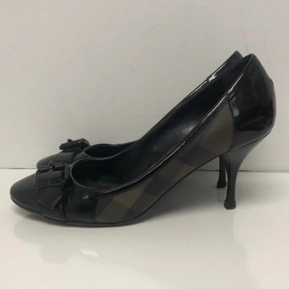 Burberry Brown Check Patent-Trim Buckle Pumps - Picture 1 of 14